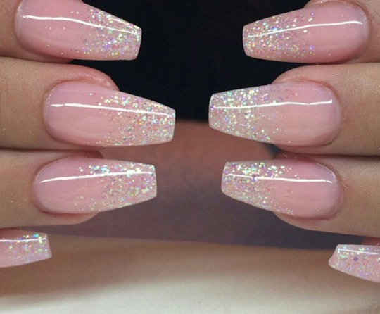 light pink coffin nails with glitter