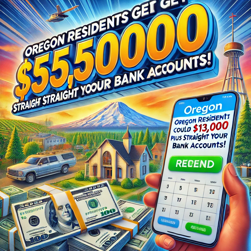 "Stacks of cash, a calendar with a marked date, and a smartphone displaying a bank transfer notification, set against Oregon landmarks like Mount Hood, symbolizing financial relief and opportunity for residents."