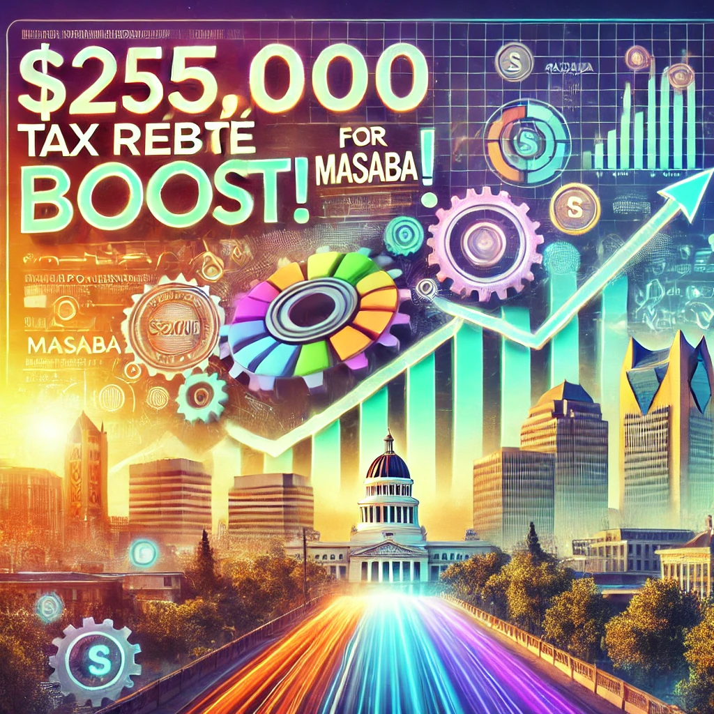 "Bold sign reading '$250,000 Tax Rebate Boost for Masaba!' with Sacramento skyline, growth chart, and economic symbols showcasing innovation and business expansion."