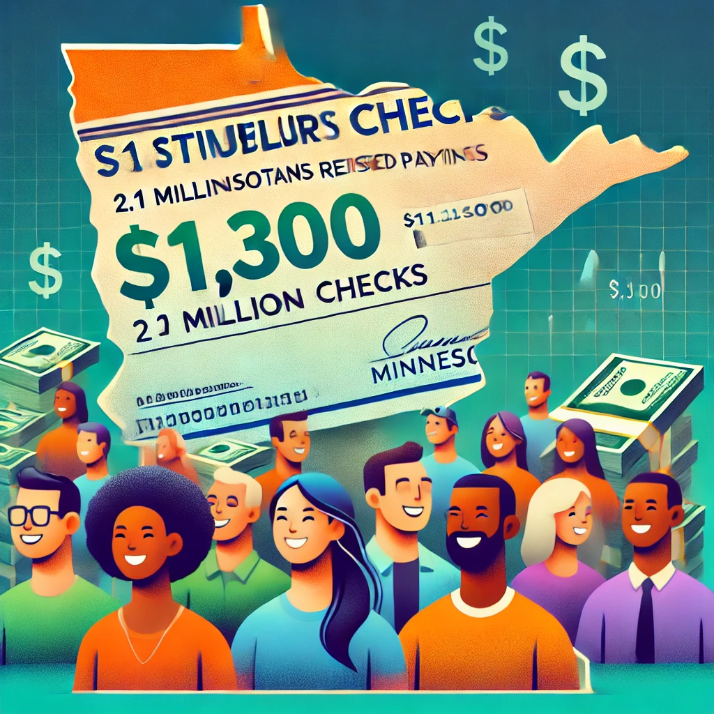 "Illustration of Minnesota with stacks of cash and a $1,300 check overlaying the state map. Diverse, smiling individuals in the background represent recipients, surrounded by financial icons like dollar signs and bank transfer notifications, symbolizing economic relief."